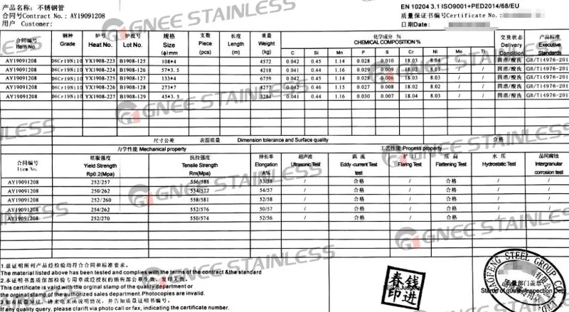EN 10204 3.1 Mill Test Certificate (MTC) EN 10204 3.1 Mill Test Certificate (MTC)