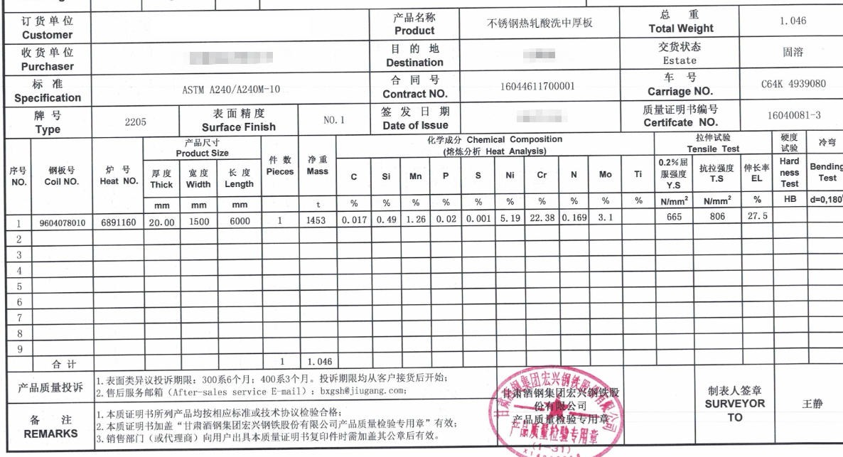 2205 Stainless Steel Sheet Quality Certificate 2205 Stainless Steel Sheet Quality Certificate